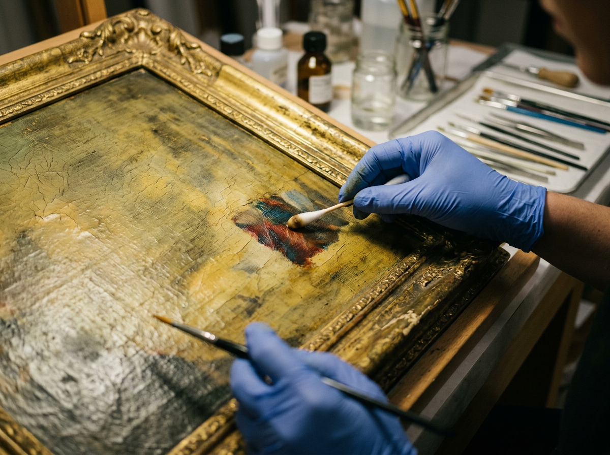 Art conservator removing varnish from a painting