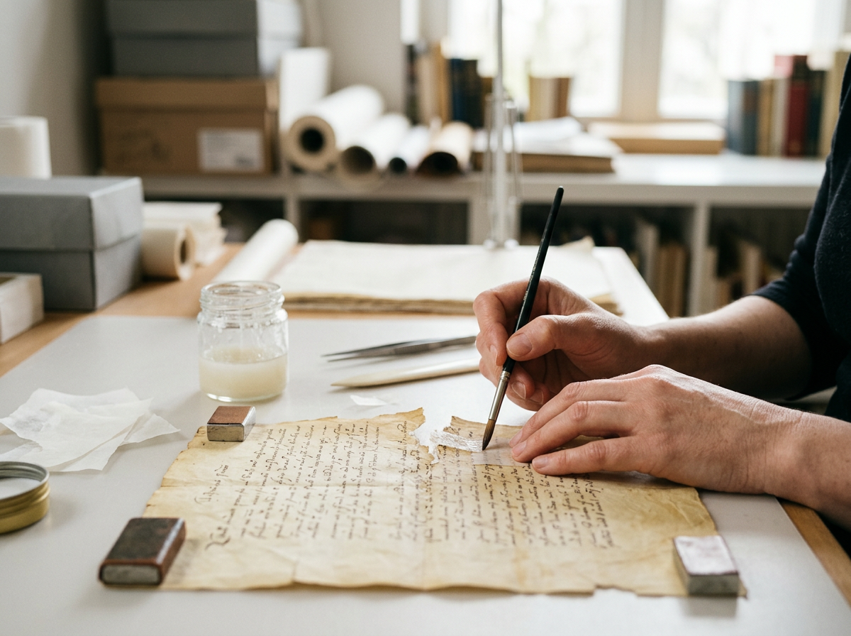 Conservator mending an old document with Japanese tissue