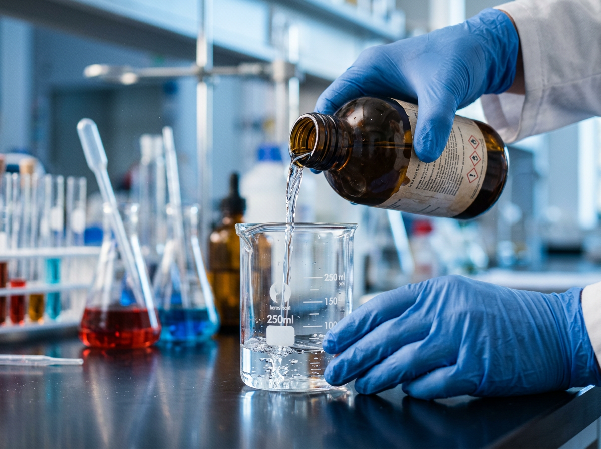 Chemist pouring solvent into a beaker